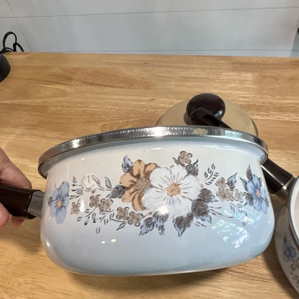 Vintage Crowning Spring Harvest Blossom Porcelain Enamel Saucepan Set w/ Lid